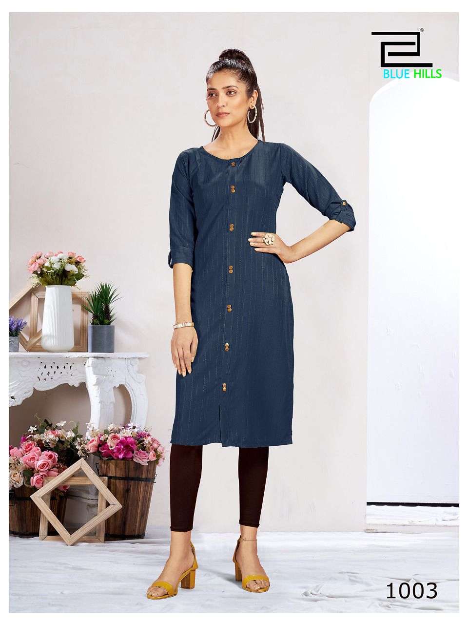 BLUE HILLS - VINTAGE - DOBBY PATTERN FABRIC SIDE CUT KURTI WITH BUTTON - 1003